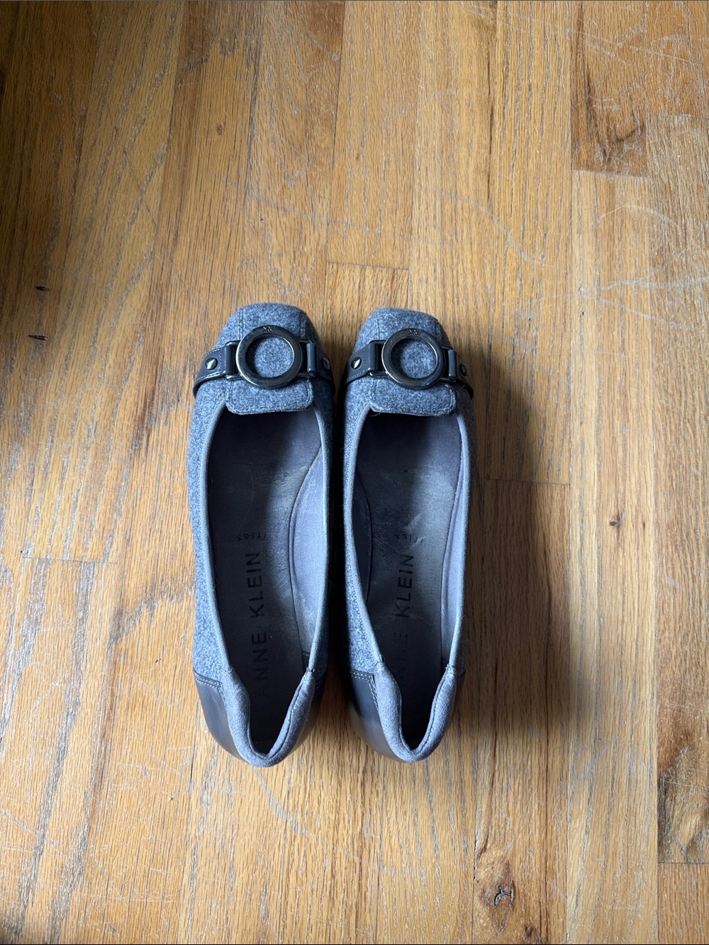 Anne Klein Charcoal Gray Felt Ballet Flats with Buckle Accent
